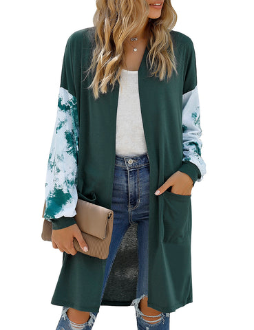 LookbookStore Women's Casual Open Front Patchwork Long Knit Cardigan Pocket Outerwear