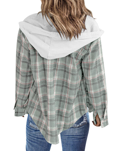 Women Long Sleeve Plaid Hoodie Button Down Blouse Loose Shacket Jacket