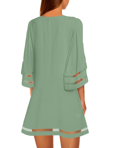 Granite Green Women Casual Crewneck Mesh Panel 3/4 Bell Sleeve Loose Tunic Dress
