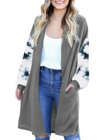 LookbookStore Women's Casual Open Front Patchwork Long Knit Cardigan Pocket Outerwear