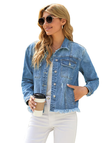 Women's Basic Long Sleeves Button Down Fitted Denim Jean Jackets