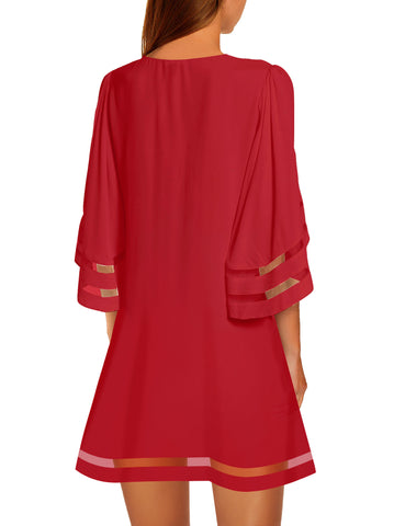 True Red Women Casual Crewneck Mesh Panel 3/4 Bell Sleeve Loose Tunic Dress