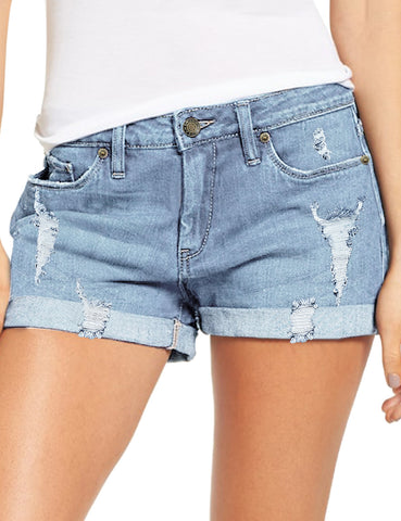 Women's High Waisted Rolled Hem Distressed Jeans Ripped Denim Shorts