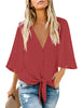 Cranberry Women's V Neck Button Down Shirts 3/4 Bell Sleeve Tie Knot Blouse