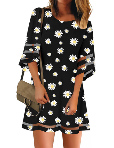 Dasiy Print Black Women Casual Crewneck Mesh Panel 3/4 Bell Sleeve Loose Tunic Dress