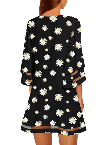 Dasiy Print Black Women Casual Crewneck Mesh Panel 3/4 Bell Sleeve Loose Tunic Dress