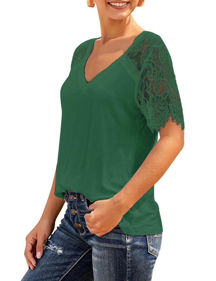 Women's Summer Scalloped Lace Short Sleeves V Neck Tops Tee Shirt –  Lookbook Store