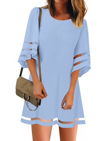Powder Blue Women Casual Crewneck Mesh Panel 3/4 Bell Sleeve Loose Tunic Dress