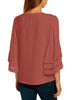 Women's V Neck Mesh Panel Blouse 3/4 Bell Sleeve Loose Top Shirt
