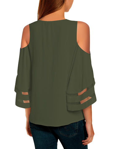 Army Green Women's Cold Shoulder Loose Shirt Tops 3/4 Bell Mesh Sleeve Blouse