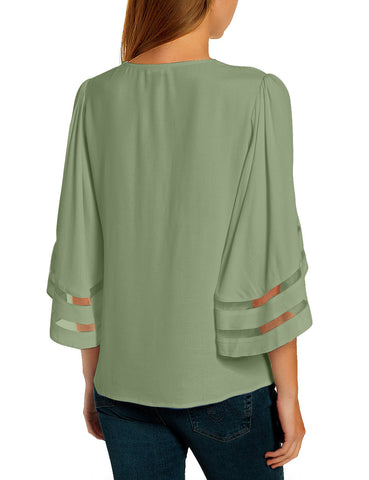 Frosty Green Women's V Neck Mesh Panel Blouse 3/4 Bell Sleeve Loose Top Shirt