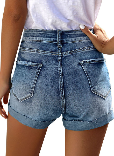 Women's High Waisted Rolled Hem Distressed Jeans Ripped Denim Shorts