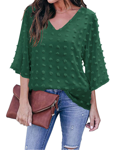 Women's Casual V Neck Bell Sleeve Blouse Pom Pom Loose Shirt Top