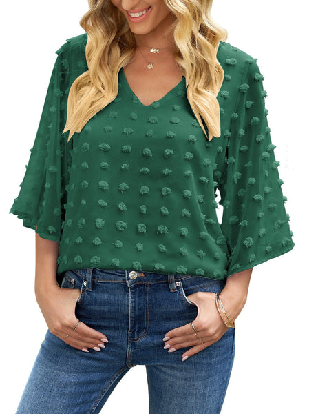 Women's Casual V Neck Bell Sleeve Blouse Pom Pom Loose Shirt Top