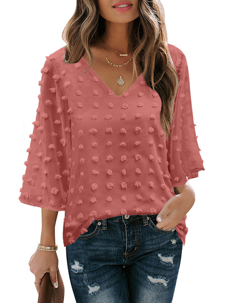 Women's Casual V Neck Bell Sleeve Blouse Pom Pom Loose Shirt Top