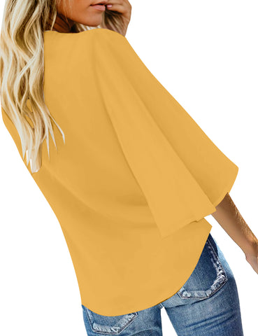 Yellow Women's V Neck Button Down Shirts 3/4 Bell Sleeve Tie Knot Blouse