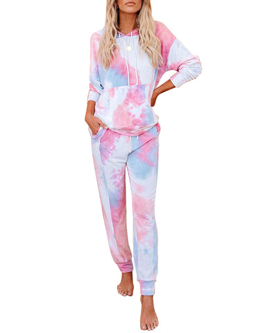 LookbookStore Women's Cozy Tie Dye Printed Knit Loungewear Two Piece Sweatsuits Long Joggers Pajamas Set