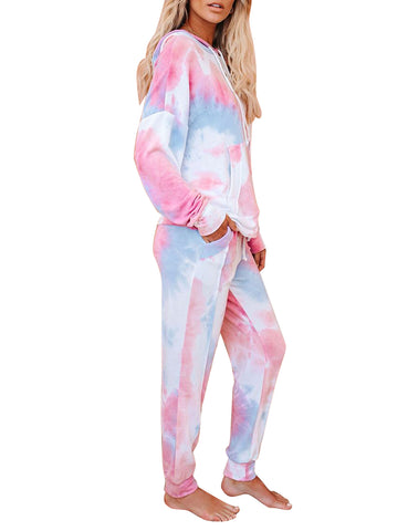 LookbookStore Women's Cozy Tie Dye Printed Knit Loungewear Two Piece Sweatsuits Long Joggers Pajamas Set