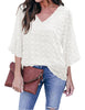 Women's Casual V Neck Bell Sleeve Blouse Pom Pom Loose Shirt Top