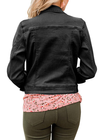 Black Women's Basic Long Sleeves Button Down Fitted Denim Jean Jackets