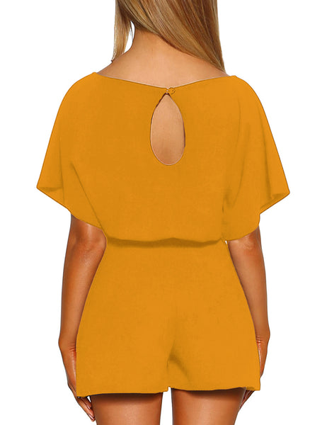 Women Casual Short Sleeves Self-Tie Belted Short Romper Jumpsuits