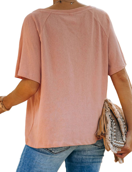 Women Short Sleeve Henley Shirts Loose Button Up V Neck Tunic Tops