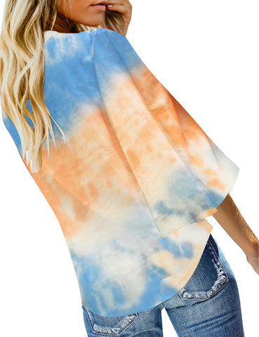 Tye Dye Blue Women's V Neck Button Down Shirts 3/4 Bell Sleeve Tie Knot Blouse